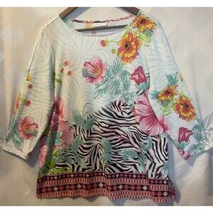 SUSAN GRAVER  Spring Floral Zebra Stripe Print Liquid Knit Top L